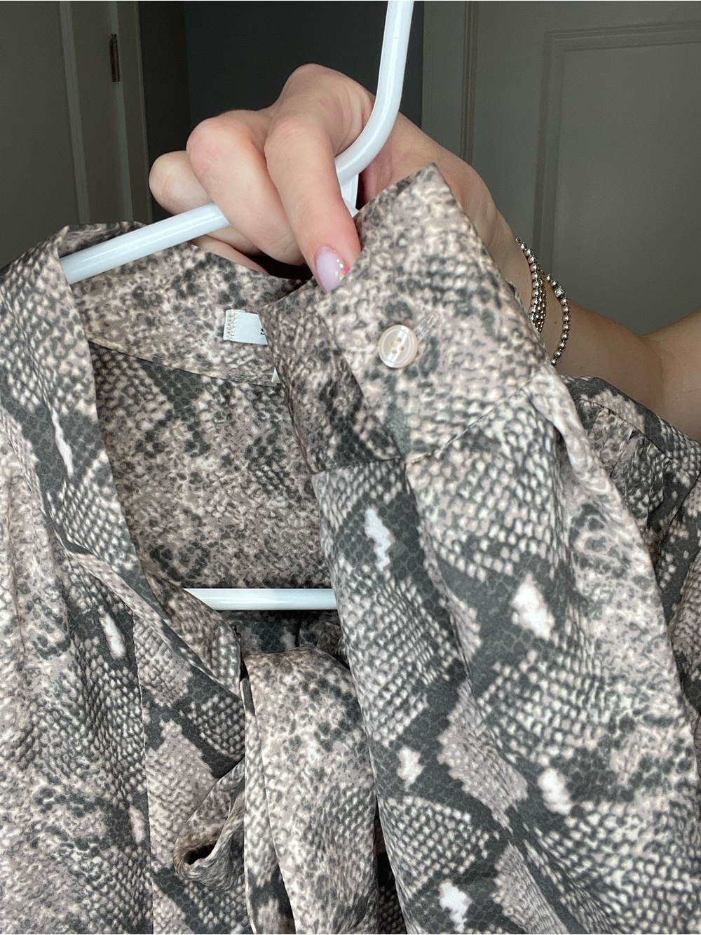 Stella & Dot Taupe and Brown Snake-Print Tie-Neck Blouse - Picture 5 of 16